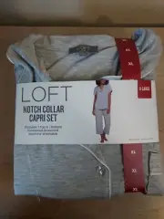 Loft Women Notch Collar Short Sleeve and Drawcord Sleep Capri Pant Set Gray NWT