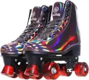 Roller Skates for Women, Black Holographic High Top PU Leather Rollerskates, Shi