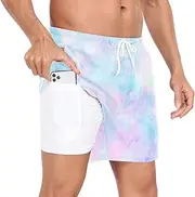 [GuoChe] Men Swim Shorts Men's 2 Layer Workout Shorts Abstract Watercolor Blue Pink with Compression Liner and Pockets Beach