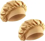 [Kellegour] Pack of 2 Silk Caps for Sleeping, Satin Hair Cap, Adjustable Sleep Cap, Women's Satin Bonnet Sleep Cap, Silk Sleep Cap, Satin for Women and Girls, Curly Natural Hair (Golden), Golden, 30
