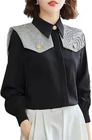 [Generic] Women's Plaid Shawl-Collar Solid Color Shirt Spring-Autumn Button Long Sleeve Blouse