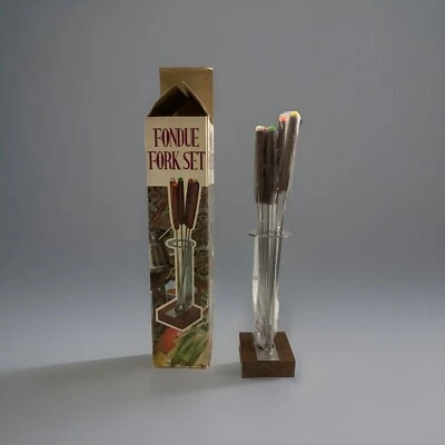 6 Fondue Party Forks Stainless Steel With Stand In Original Box Retro Foodie