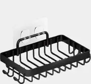 Soap Dish Soap Holder with Hooks for Shower, Rust Proof 304 Stainless Steel, Adhesive No Drilling, Black
