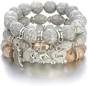 [AIMALL] Elegant Bohemian Style 3-Piece Bracelet Set: Natural Stone, Wooden Beads, Tassel Design, Bodhi Seed Bead Bracelets - Fashionable Jewelry for Women (Beige)