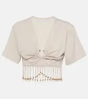 [Rabanne] Rabanne Fringed beaded cotton jersey crop top AU 18 neutrals
