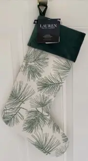 Lauren Ralph Lauren Christmas Stocking Cream Green Pine Sprigs 10 x 20 Washable