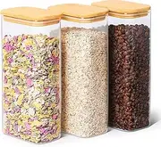 ComSaf 63oz Rectangle Glass Storage Containers with Lids, Glass Jars with Bamboo Lids, Clear Food Jar, Square Canister Set of 3, Pantry Organizers and Storage for Flour Pasta Coffee Bean