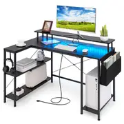 Giantex L-Shaped Computer Desk Study Table w/LED Lights & Power Outlets Home Black