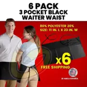 6 PACK -Waist Apron With 3 Pockets - Black Waitress Waiter Server Short Aprons