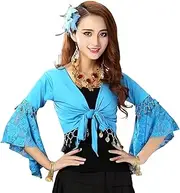 [TouKingda] Women's Belly Dance Top, Glitter Bead Tassel 3/4 Flared Sleeves Shawl Crop Tops for Tribal Belly Dance, Lace Floral Long Sleeve Wrap Top for Dancewear, Self-tie Tassels Blouse for Festival Clubbing