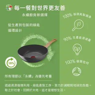 【Tefal 特福】法國製綠生活陶瓷不沾系列28CM不沾鍋炒鍋+玻璃蓋(適用電磁爐)