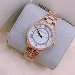 MICHAEL KORS LAURYN 水鑽圈 珍珠貝母錶盤 玫瑰金色不鏽鋼錶帶 羅馬數字 石英 女士手錶 MK3716