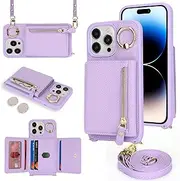 [SunYoo] for iPhone 14 Pro Max Crossbody Case with Card Holders Money Slots Zipper Coin Purse Rotatable Ring Kickstand Cover Wristlet Strap Lanyard Litchi Leather Wallet for iPhone 14ProMax Purple