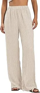 [Amazhiyu] Women's 100% Linen Summer Casual Elastic Waist Stripes Wide Leg Pants, Flax, Medium