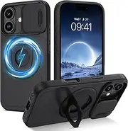 DOMAVER for iPhone 16 Plus Case with Magnetic Rotatable Kickstand & Slide Camera Cover, [Compatible with MagSafe], Heavy Duty Shockproof Case for iPhone 16 Plus 6.7", Black