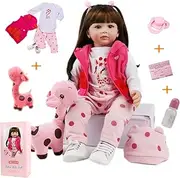 ZIYIUI 24 Inch 60 Cm Soft Silicone Vinyl Reborn GILR Toddler Lifelike Newborn Baby Girl Toy Xmas Gift Realistic Doll with Pink Giraffe Outfit, Long Brown Hair, Includes Plush Toy and Hat Reborn Doll
