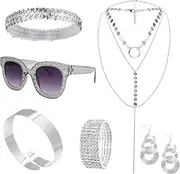 [Heliltd] 6pcs 1970s Disco Accessories Set Halloween Cosplay 60s Disco Accessories for Women Sequin Disco Jewelry Accessories