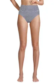 Lands' End Chlorine Resistant Pinchless High Waisted Bikini Bottoms in Deep Sea Navy Mini Stripe at Nordstrom, Size 10