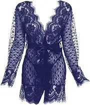 [Generic] Women Sexy V-Neck Kimono Robe Floral Lace Mesh Nightgown Lingerie Babydoll Nightdress Sheer Chemise Cover ups (Blue,XX-Large), Blue, XX-Large