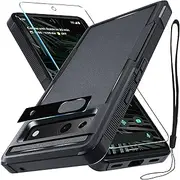 [RMOCR] Case for Google Pixel 7A, Full Body Heavy Duty Rugged Shockproof Protective Phone Cover with Lanyard Strap, Tempered Glass Screen Protector and Camera Lens Cover, Black Matte