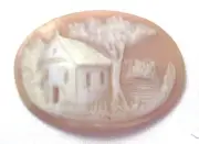 NOS Antique Hand Carved Oval Shell CAMEO Stone House & Tree Scene #N448