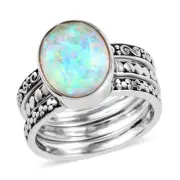SAJEN SILVER Quartz Doublet White Opal Stackable Ring Platinum Plated Size 8