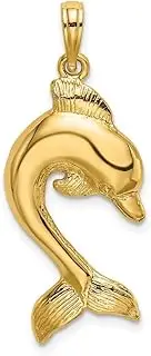 [JewelryWeb] 14ct Gold Dolphin Jumping 2 d/High Polish and Engraved Charm Pendant Necklace 26.9x17mm Wide 2.9mm Thick
