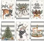 Sratte 6 Pcs Christmas Kitchen Towels Winter Snowmen Hand Towels Absorbent Christmas Tree Reindeer Dish Towels Snowflake Gloves Decorative Gray Strips Tea Towel Xmas Decor for Kitchen Bathroom Gifts