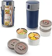 Omabeta 1 Set 4 Tier Stackable Insulated Jar, Includes 4 Boxes with Double Layer Anti Scald Design, Lids and Strap Handle, 2.9L Stainless Steel Lunch Box for School Office, Blue