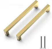 NISUOIEN 30 Pack Brass Gold Cabinet Pulls 6 1/4 Inch Hole Center Kitchen Cabinet Handles - Square Dresser Handles Brushed Gold Drawer Pulls