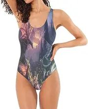 [Joisal] Beautiful Woman Dragons Swimsuit One Piece Backless One Piece Push up Bathing Suits for Women with Bra, Fairies and Dragons, Large