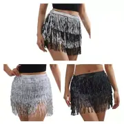 Womens Belly Dance Fringed Mini Skirt 3 Layers Tiered Sequins Tassels Hip Scarf