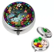 Hummingbird Pill Box Round Pill Box, 3 Compartment Mini Decorative Pocket Size