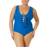 Terra and Sky Women's Plus Ruffle Plunge Swimwear One Piece Blue 5X (32W-34W