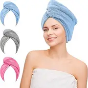 Hair Towel Wrap for Women, 3 Pack Microfiber Bath Hair Towel Shower Hair Towel Twist with Buttons Hair Turbans for Wet Hair