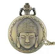Vintage Buddha Pattern Antique Quartz Movement Pocket Watch Necklace Chain Gift