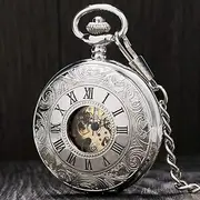 [BADALO] Vintage Silver Roman Number Mechanical Pocket Watch Double Open Hunter case fob Watch