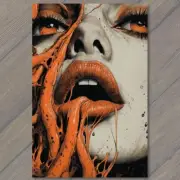 FLATCARD Woman’s Face Close-Up Orange Tentacles Surrounding Eyes Lips Scary