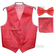 Men's paisley Tuxedo VEST Waistcoat & BOWTIE and HANKIE set coral wedding party