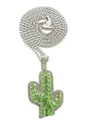 Hip Hop Iced Silver PT CACTUS Pendant & 24" Box, Cuban, Rope Chain Necklace