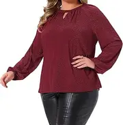 [Agnes Orinda] Plus Size Women's Glitter Tops Sparkle Keyhole V Neck Long Sleeve Cocktail Dressy Blouses Pleated T-Shirts