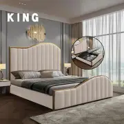 Elegant Luxury King Size Bedframe in Beige with Gas Lift Storage Velvet Fabric Golden Trim