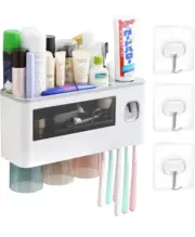 Wall Mounted Toothbrush Holder Automatic Toothpaste Dispenser with Drawer Tray