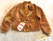 New YES Girls Gold Button Brown Corduroy Jacket Military Embroidered Size S 4/5