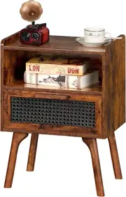 Rattan Nightstand, Side Table with Drawer Open Shelf, Cane Accent Bedside End Ta
