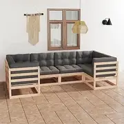 6 Piece Patio Garden Lounge Set with Grey Cushions - Solid Pinewood Outdoor Furniture, Comfortable Sofas for Balcony, Porch, or Patio - Sturdy Design with Rustic Charm, Easy Assembly