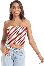 [GuoChe] Women's Crop Tops Merry Christmas Holiday Red Lines with Mesh Push Up Bandeau Camisole Top for Teen Gym