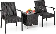 Costway 3 Piece Patio Wicker Chair Set, Outdoor Conversation Set w/Cushioned Seat, Tempered Glass Tabletop, Reinforced Metal Frame, Woven Rattan Chair Set for Poolside, Backyard