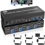 8K@60Hz USB3.0 KVM Switch 3Monitors 4Computers 4K@144Hz, 2 DisplayPort +1 HDM...