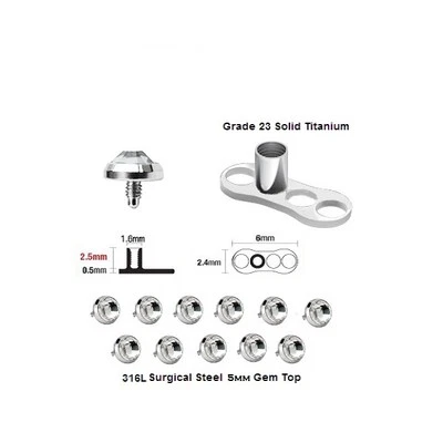 Sterling Silver Dermal Anchor with Titanium Base & 5 mm CZ Gem 10 Pieces